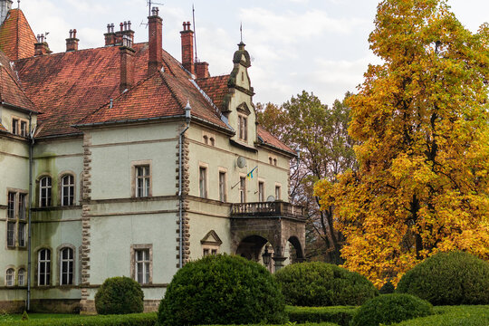 Ancient Schoenborn Palace ( Beregvar Castle ) in autumn. Schonborn. Chynadiyevo, near Mukacheve. Transcarpathia. Ukraine. Tourist attraction.