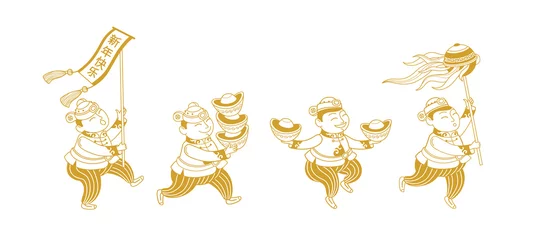 Vektorgrafik von Chinesen mit China-Goldbarren, Perle in traditioneller chinesischer Tracht im Linienkunststil. Chinesische Lineart-Designelemente für viel Glück. Übersetzung: Frohes neues Jahr! © Anna Pogulyaeva