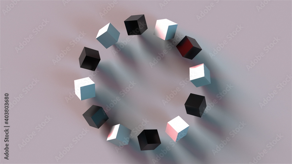 Aufkleber ring construction from rotation cubes, computer generated. 3d rendering of isometric background