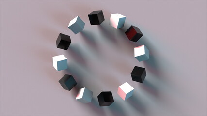 Ring construction from rotation cubes, computer generated. 3d rendering of isometric background