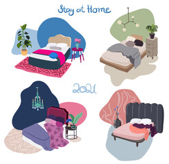 Vector set of cosy interior design drawings of bedroom, stay at home concept - 403803684