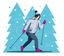 Vector illustration of a happy girl on skis on the background of a snowy landscape. A young girl is skiing in a snowy forest.