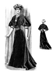 ladies Fashion 1907, long and elegant lines with corset to achieve a  narrow-waisted figure, full chest and curvy hips, completed with  Gibson girl hairstyle, frontal and back view
