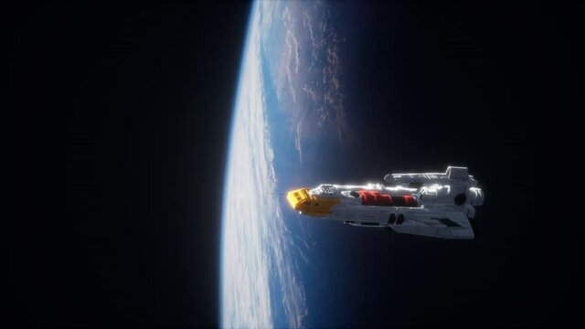 futuristic spaceship near the Earth. Elements of this image furnished by NASA