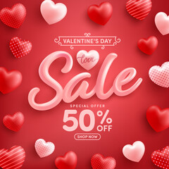 Valentine's Day Sale 50% off Poster or banner with sweet hearts on red background.Promotion and shopping template or background for Love and Valentine's day concept.