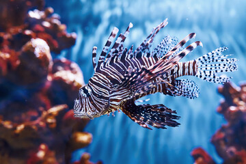 Pterois volitans. Underwater close up view of tropical fishes. Life in ocean