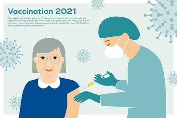 Impfung gegen Corona, Covid-19, Krankenpfleger mit Mundschutz impft ältere Frau ohne Mundschutz