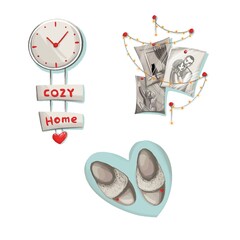 Cozy home. Digital illustration, set, cartoon. Stickers. 