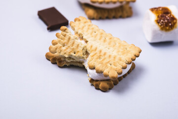 Homemade Smores with Marshmallows and Chocolate and Crackers on Blue Background Horizontal