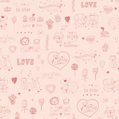 Valentine's day animals couples and hearts, cars, love graphic elements hand drawn seamless vector pattern