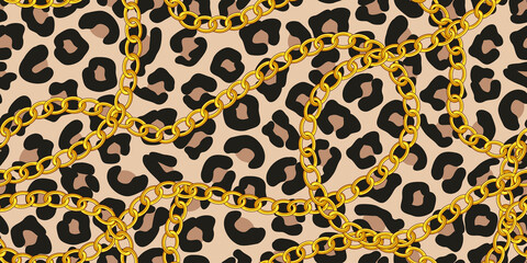 .Gold chains seamless pattern with leopard skin .   Vector illustration. Animal texture.