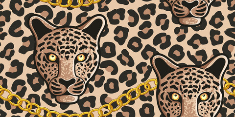.Gold chains, head and skin of leoprd. Vector seamless pattern. Animal texture.