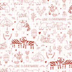 Valentine's day animals couples hand drawn seamless vector pattern