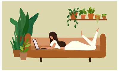 Work from home concept, beautiful woman using laptop on sofa in living  room vector illustration. Working online concept 