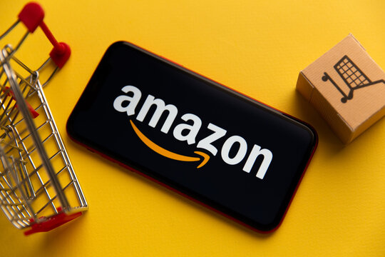 Tula, Russia - November 04, 2020: Amazon logo on iPhone display