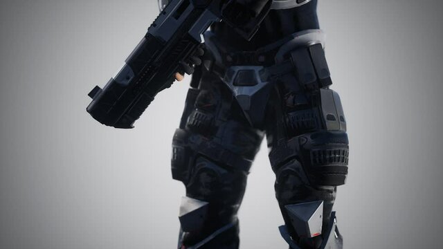 Futuristic soldier in steel armor with the cyber punk gun
