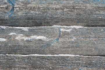 background of old wooden planks sprinkled with snow. Texture. 