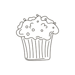 Cute doodle icon of muffin, cupcake. Hand drawn vector stock illustration in outlines isolated on white background. Design for cards, posters, stickers, web design, logo, coloring page ets.