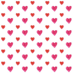 Watercolor hearts seamless background. Pink and red watercolor heart pattern. Colorful watercolor romantic texture.