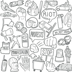 Riot Protest doodle icon set. Police and Cops Manifestation Style Vector illustration collection. Banner Hand drawn Line art style.