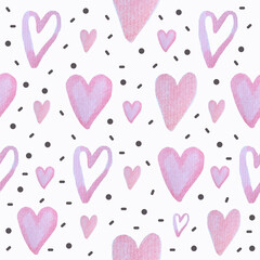 Watercolor hearts seamless background. Pink and red watercolor heart pattern. Colorful watercolor romantic texture.