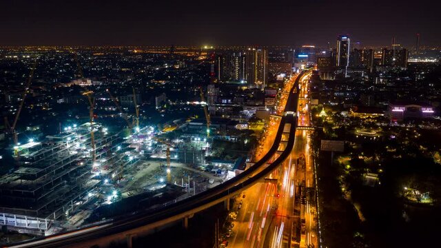 Time lapse Train station top view, Road traffic an important infrastructure in Bangkok Thailand