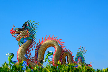 Chinese dragon statue Golden yellow dragon Long, curved body On a blurred green wood background,...