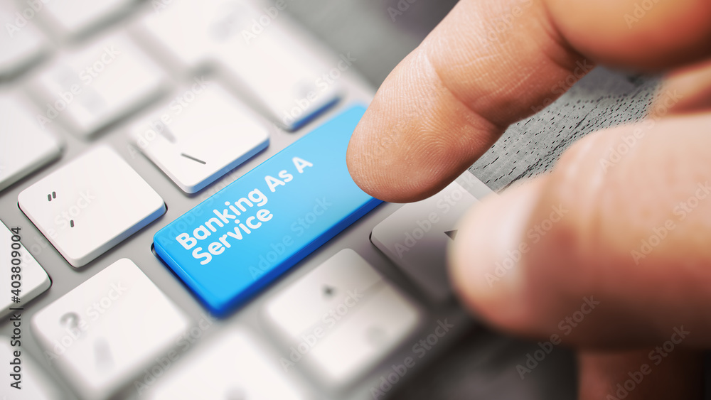 Poster banking as a service - computer keyboard with a blue key. 3d render.