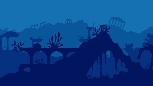 lost city ancient abandoned flooded building underwater cartoon background