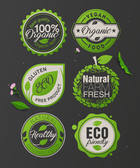 Organic food labels and badges. Organic element for food and drink. Organic product, shop, restaurant, vegan cafe, vegetarian restaurant, logo label, ecology, gluten free food. Natural organic food
