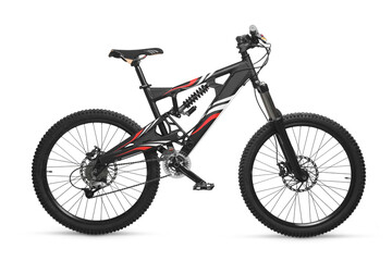 Fototapeta na wymiar Dual Suspension Black Down Hill Mountain Bike With white and red decal isolated on white.