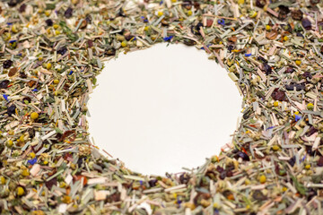 Dried herb tea. Background with copy space.