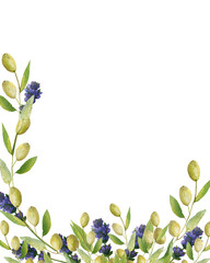 Watercolor hand painted nature italian corner frame with green olives, leaves and purple lavender flowers on branch composition on the white background for invite and greeting card with space for text