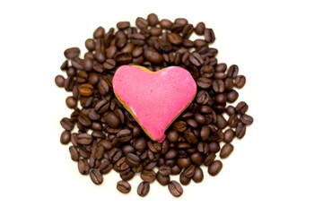 Coffee beans with a heart-shaped biscuit. white background.