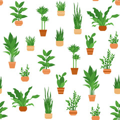 Seamless pattern of decorative indoor plants grown in pots. Beautiful evergreen home decorations. Vector illustrations for wrapping paper, wallpaper, textiles, bedding, print for clothes.