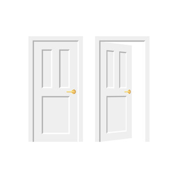 White door. Entrance or exit. Doorway concept. Open and close door isolated on white background. Flat style. Vector illustration