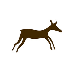 Cave paintings - ancient hand-painted petroglyphs. Various animals and hunters in a primitive tribal style.