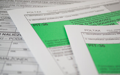 Polish tax form PIT-36 for individual tax return. Translation from Polish: Testimony about an income/suffered losses in the fiscal year.