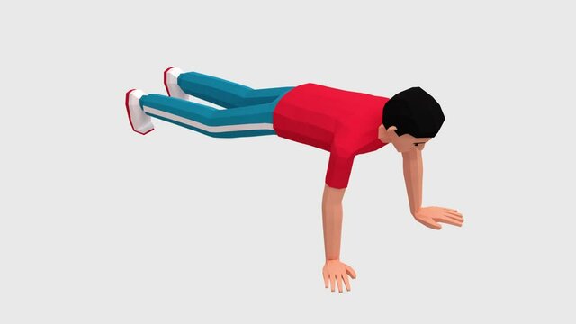 Pushup - athletic exercise. Home workout sport. Man doing pushups on floor. 3d looped animation with alpha channel.