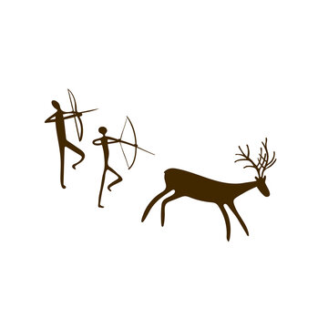 Cave paintings - ancient hand-painted petroglyphs. Various animals and hunters in a primitive tribal style.