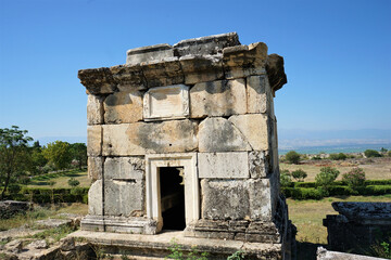 Mausoleum tomb in the Necropolis, the ruins of the ancient Greece city, Hierapolis, in Denizli,...