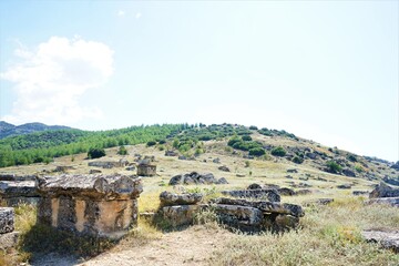 Mausoleum tomb in the Necropolis, the ruins of the ancient Greece city, Hierapolis, in Denizli,...