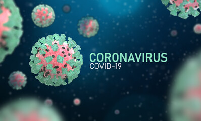 Coronavirus, Covid-19, 3d image illustration, microscopic view of floating virus cells. Influenza, 2019-ncov flu. Concept of a pandemic, outbreak corona virus viral infection.