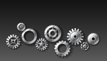 3d realistic vector metal gears of dark gray background.