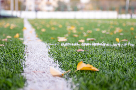 Artificial turf football field with yellow autumn leaves, cooling weather concept