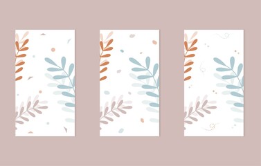 Set of card templates with floral pattern. Collection of vertical banners in muted tones. Floral backgrounds in minimal style. Design templates for social media stories. Flat vector illustration.