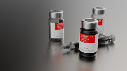 Coronavirus Vaccine bottles / Corona virus Vaccine concept with syringe injection. 3D illustration.