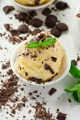Homemade Vanilla Ice Cream With Chocolate and Mint.