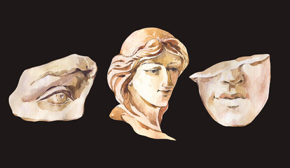 Greek sculpture David eye, woman face. Classical head sculpture,   Dark academia vintage illustration © depiano