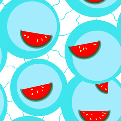 Seamless texture with watermelon slices on blue circles. Summer, rustic picture.For fabric, clothing, bed linen, wall paper, packaging. Background for napkins. Delicious food